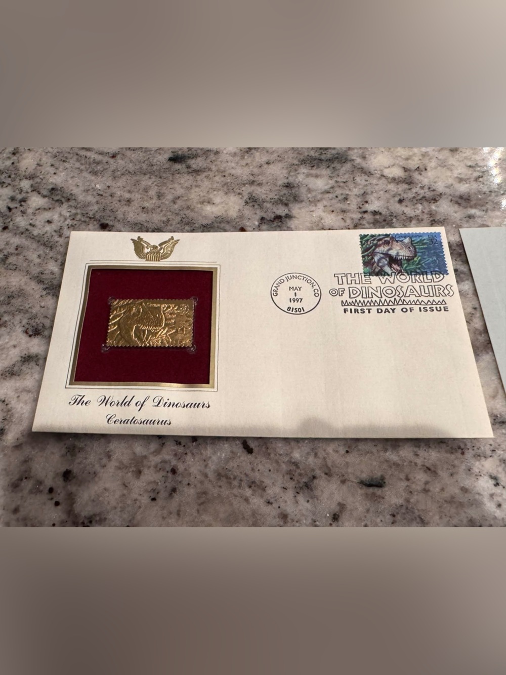 1997 VINTAGE First Day of Issue envelope The World of Dinosaurs 22k gold stamp